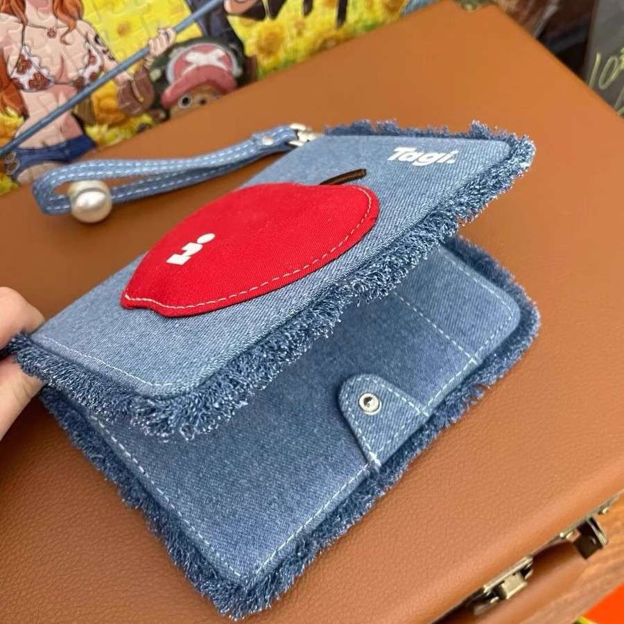 リンゴモチーフ フリンジデニム 母子手帳ケース